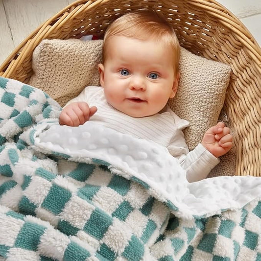 Soft Checkered Baby Blankets for Unisex Girls or Boys Breathable Gender Neutral Nursery Double Layer Blankets with Dotted Backing for Newborn Toddlers (30” X 40”)