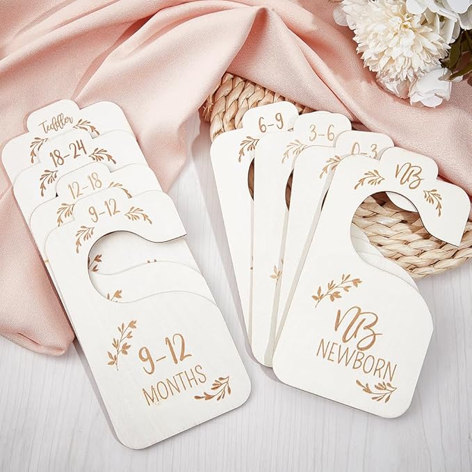 CRASPIRE 8Pcs Wooden Baby Wardrobe Dividers Nursery Hanger Seperaters from Newborn to 24 Month Baby Closet Organizers Nursery Infant Wardrobe Hangers Divider for Newborn Shower Decor