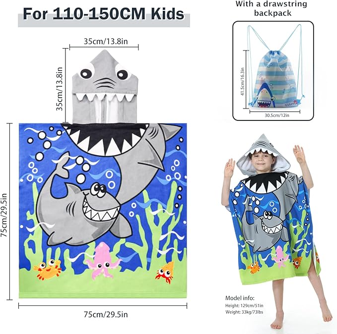 MOKANI Kids Hooded Poncho Towels, Soft & Absorbent Microfiber Beach Towel, Swimming Pool Changing Robe Bathrobe Bath Towel