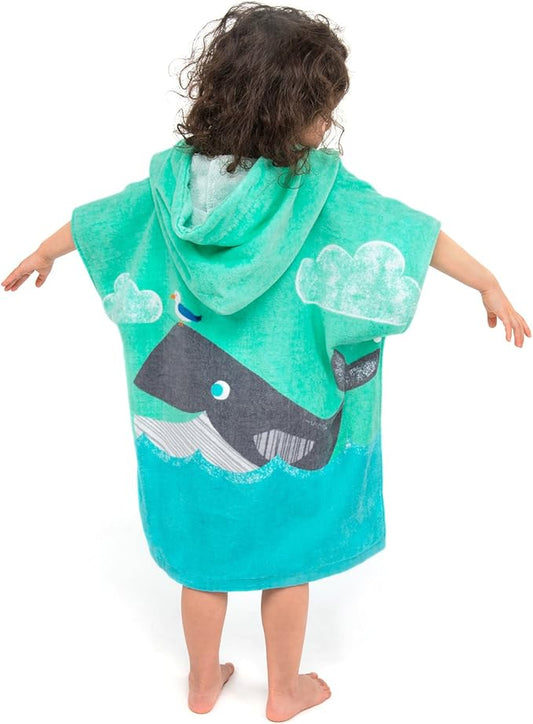 Toddler Hooded Beach Towel Coverup Cape Kids 100% Cotton Soft Quick Dry Absorbent Use for Swim Pool Bath Poncho Towels for 3 to 8 Years Old Children Size 24"x 55" in Full-Length (Whale Pattern)