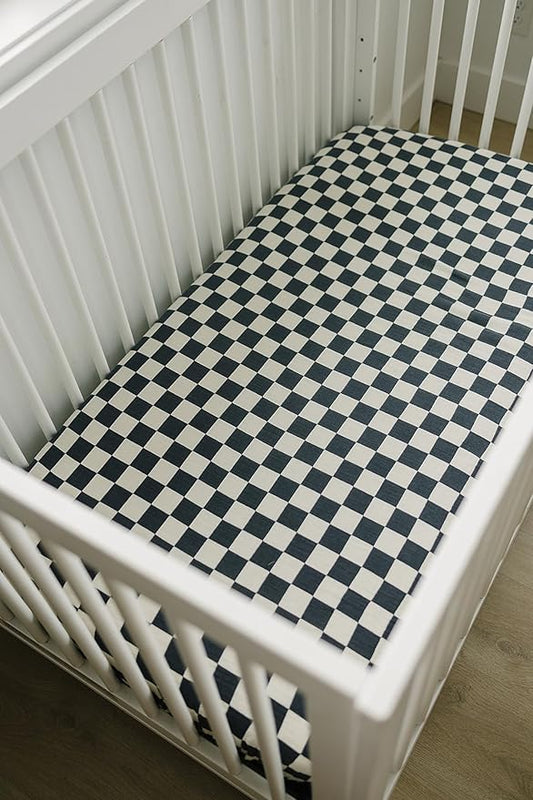 Charcoal Checkered Muslin Crib Sheet by Mebie Baby, Soft and Breathable Bed Sheets for Babies, Modern Neutral Bedding for Cribs, Standard Crib Mattress Fitted Sheet, Great for Boy or Girl Room