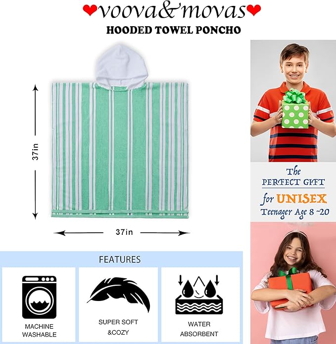 VOOVA & MOVAS Hooded Beach Towels for Boys| Girls | Teens (8-16Years), 100% Cotton Thick Poncho Towel Robe for Big Kids, Perfect for Pool, Beach, Bath and Gifts, Green Cabana Stripe Design