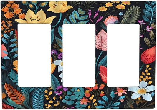 Boho Floral Vintage Flower Leaves Rustic Wildflower Plants 3 Gang Rocker Light Switch Covers Triple Outlet Wall Plate Decorative Switchplate Cover Faceplate GFCI for Country Bathroom Bedroom Kitchen