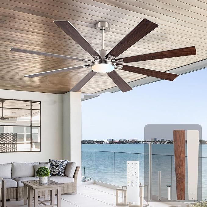 72 inch Large Ceiling Fans with Lights and Remote,Brushed Nickel Modern Indoor & Outdoor Ceiling Fan for Living Room,Patio,6 Speed Reversible Quiet DC Motor,3 CCT,Dual Finish 8 Wooden Blades