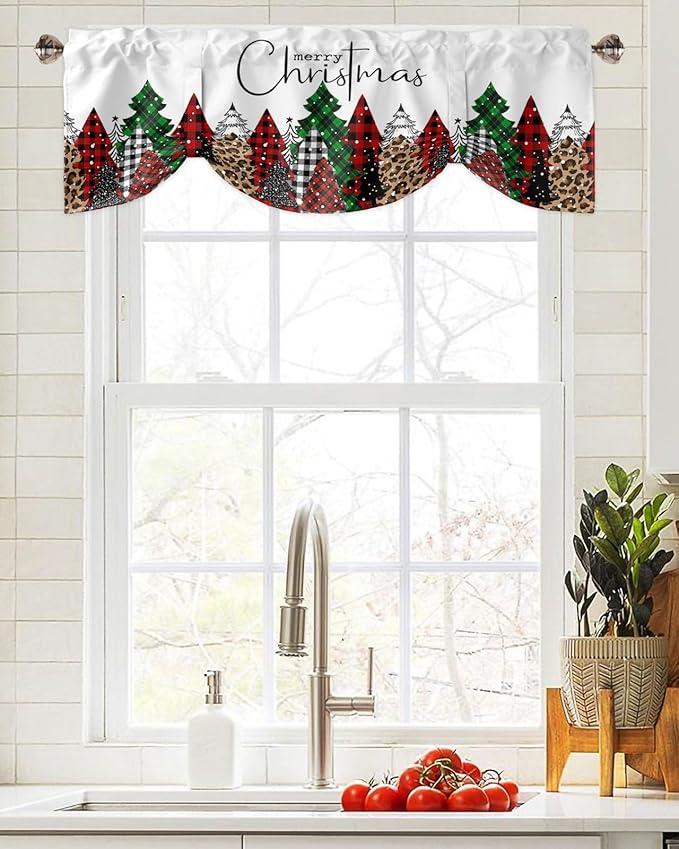 Merry Christmas Blackout Tie Up Valance Curtains for Kitchen Windows Buffalo Plaid Xmas Tree Winter Forest Farmhouse Window Toppers Balloon Shades for Living Room/Bath/Bedroom, 42" X 18", Red Green