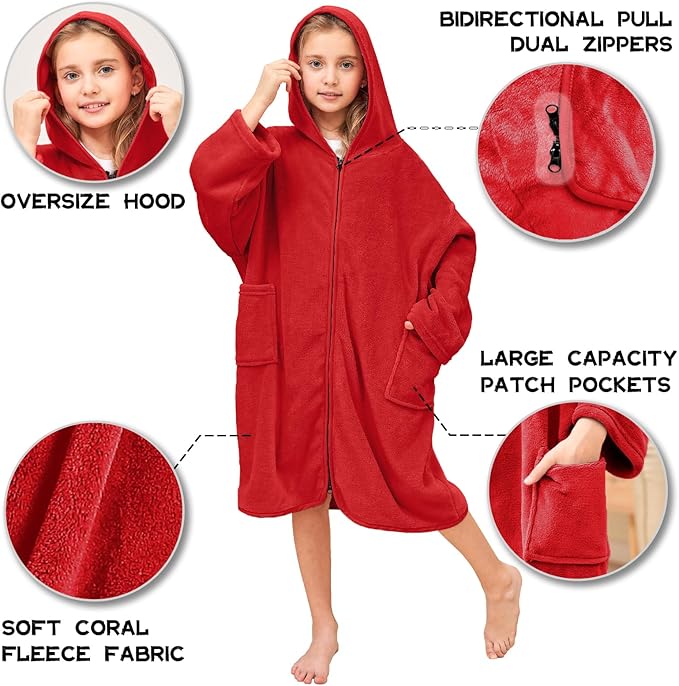 Hiturbo Kids Bath Towel Hoodie: Soft Plush Zipper Surf Poncho - Warm Fleece Changing Towels Swimming Outerwear (Red)