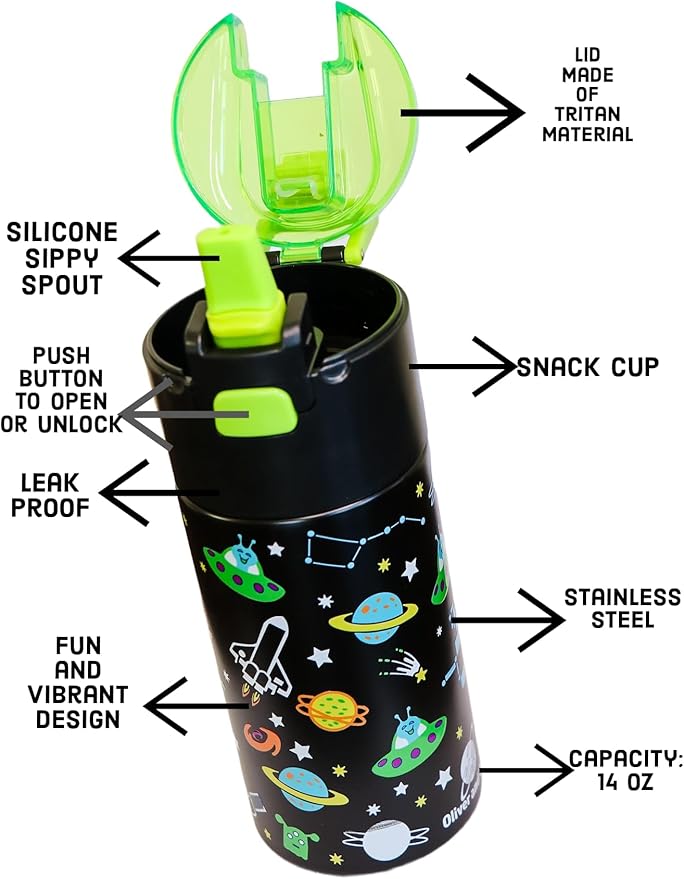 Kids insulated water bottle with straw and snack cup. Double wall stainless steel 14oz (blue and black astronaut)