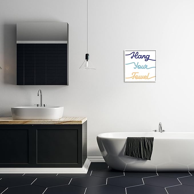 Stupell Industries Hang Your Towel Phrase Children's Bathroom Typography Wall Art, 17 x 17, White Framed