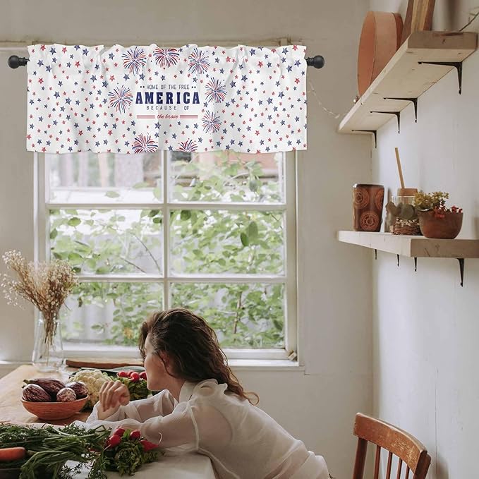 Vandarllin 4th of July Kitchen Curtains Valances for Windows Patriotic America Stars Fireworks Rod Pocket Window Treatment for Kitchen/Living Room/Bedroom/Bathroom, 42" X 18", Red White Blue
