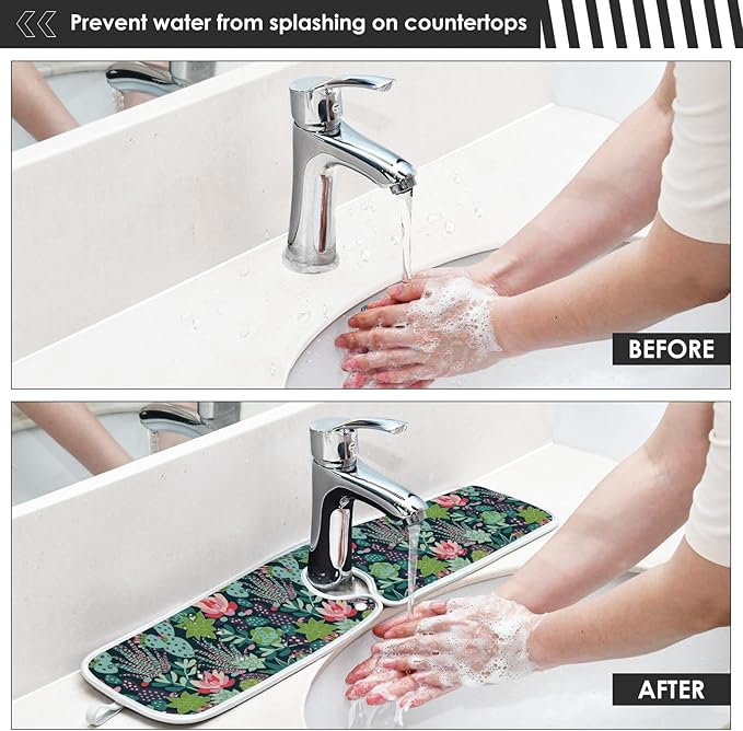 Kitchen Faucet Absorbent Mat,Succulent Plants Cactus Water Splash Guard for Sink, Faucet Drip Catcher Thicken Sponge Microfiber Faucet Water Catcher Mat Sink Absorbent Mat for Kitchen 30x5in 2Pack