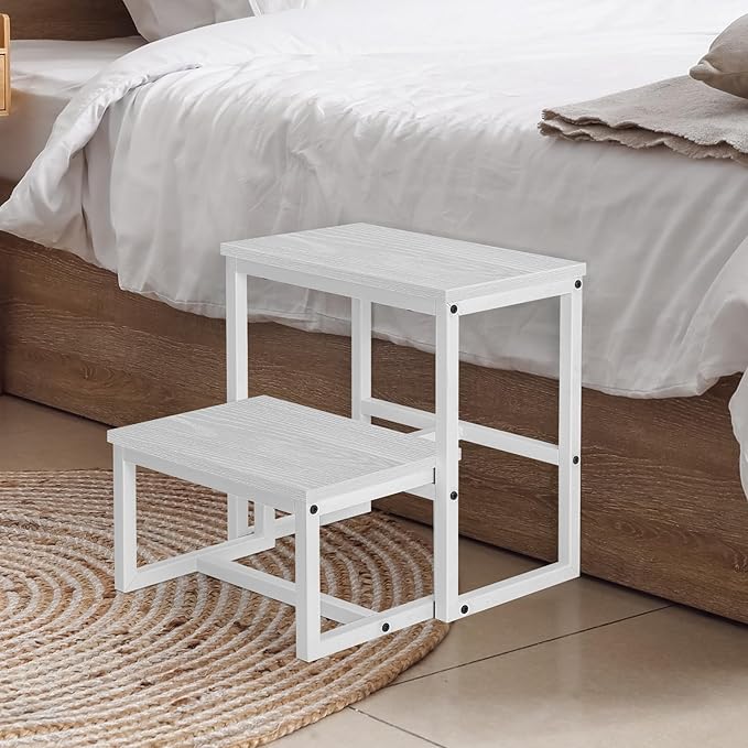 LIANTRAL Step Stools for Adults Kids, 3 in1 Heavy Duty Sturdy Two Step Stool, Supports Up to 500lb, Wooden Board Metal Frame, Foot Stool for High Bed Kitchen Bathroom - White