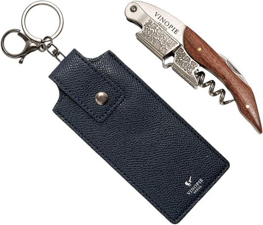 Professional Wood Grapevine Pattern Sommelier Knife With Navy Leather Wine Keyring with Ergonomic Wood Grip, Beer Bottle Opener Foil Cutter Waiters Corkscrew Wine Opener