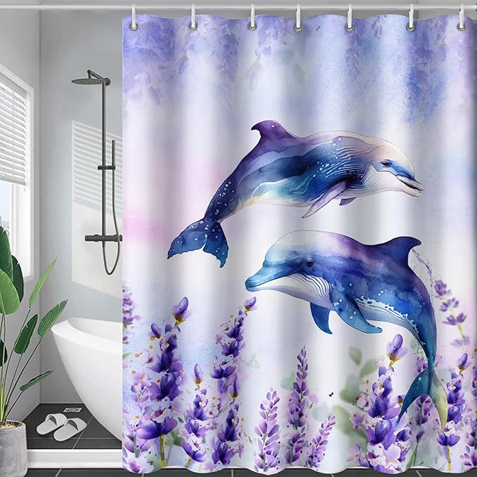 AILONEN Watercolor Dolphin Shower Curtain, Cute Dolphin Lavender Flower Bath Curtain,Modern Minimalist Purple Waterproof Fabric Shower Curtain Set with Hooks 72" W*78" H