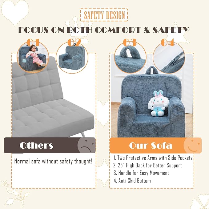 Snuggly-Soft Cuddly Toddler Plush Armchair for Boys and Girls Fuzzy Plush Kids Sofa Couch Reading Chair with Children Friendly Handle for Easy Movement & Double Pockets for Storage, Dark Grey