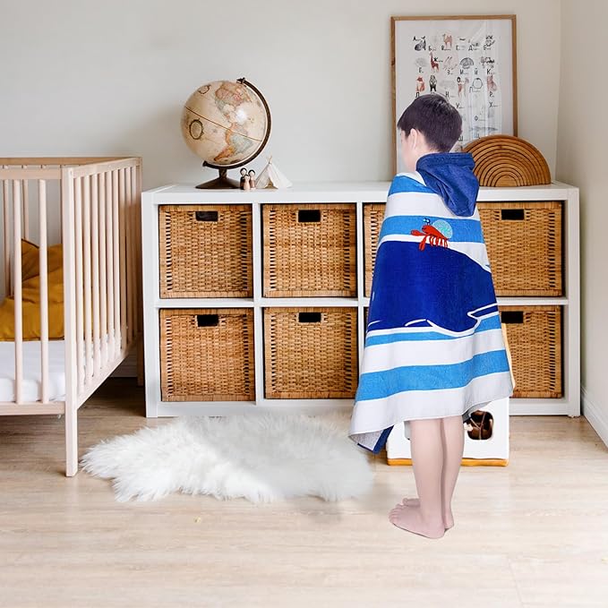 Toddler Bath Towel Hooded - Cotton Kids Beach Towel 30"x50" for Ages 3 to 10, Soft Terry Poncho Towel as Pool Swim Cover Ups for Girls Boys (Narwhal Blue)