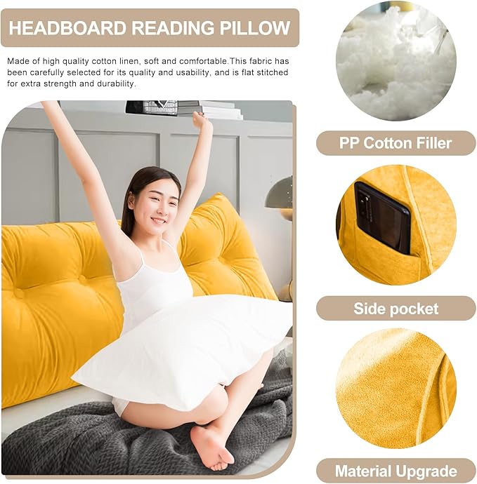 Large Triangular Headboard Pillows Long Backrest Positioning Support Bolster Cushion for Daybed Fluffy Quality Plush Body Wedge Pillow with Removable Cover(Light yellow-King-76x8x20in)