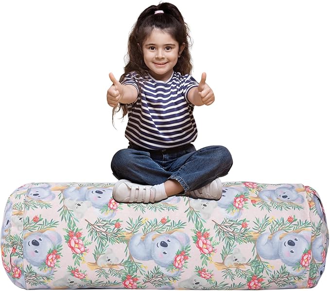 Stuffed Animal Bean Bag Storage Chair for Kids Cover Only (No Filler), Organize, Sit, Play & Boxing, 100% Cotton Canvas Washable, Ultra Soft Cylinder Long Vertical Zipper Best Gift for Child