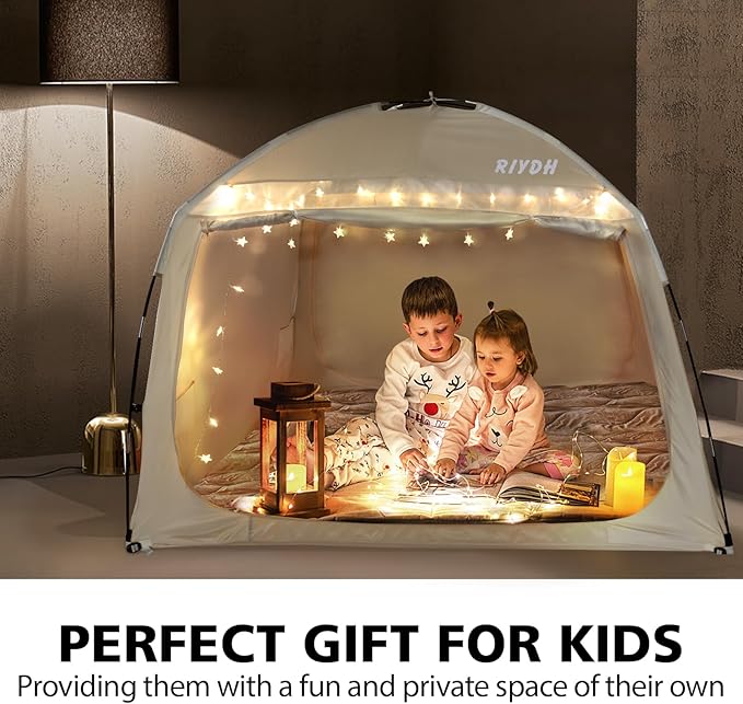 Bed Tent Bed Canopy Full Size for Adult and Kids - Portable Sleeping Tents Indoor Dream Tents 70% Blackout with String Light 3 Doors Breathable Privacy Space Tents