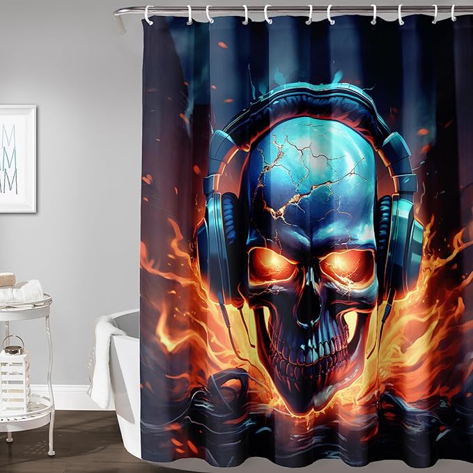 AILONEN Headset Skull Shower Curtain,Hip Hop Skeleton Fire Skull Bath Curtain,Cool Skull Decoration Bathroom Curtain with 12 Plastic Hooks,Waterproof 72" W*78" H