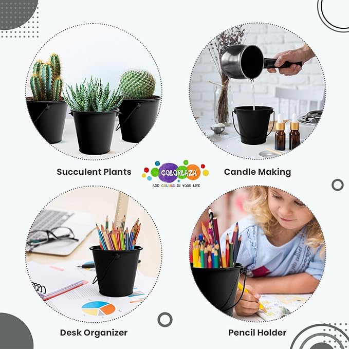 Small Metal Buckets with Handle 6 Pcs – Galvanized Bucket Leak Proof & Rust Resistant 20 fl oz Capacity - Best for Party Décor, Organizing & Decorating Classrooms (Black, Small 4.3" Top)