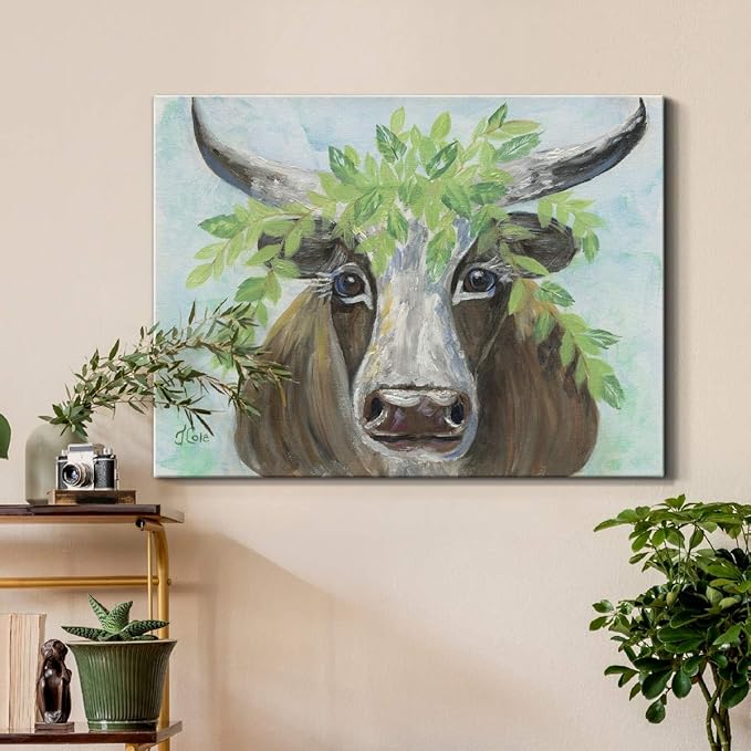 Renditions Gallery Canvas Animal Wall Art Modern Decorations Paintings Olive Crown Steer Abstract Glam Wild Longhorn Canvas Artwork Prints for Bedroom Office Kitchen - 24"x36" LT33