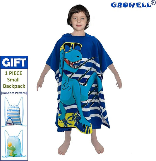 Hooded Kids Beach Towels - Toddler Bath Towel Girls Boys Swim Cover-ups for Ages 4 to 10 Kids Pool Towels Quick Dry Lightweight Soft Microfiber Poncho 30x30 with Bag (Navy Dinosaur)