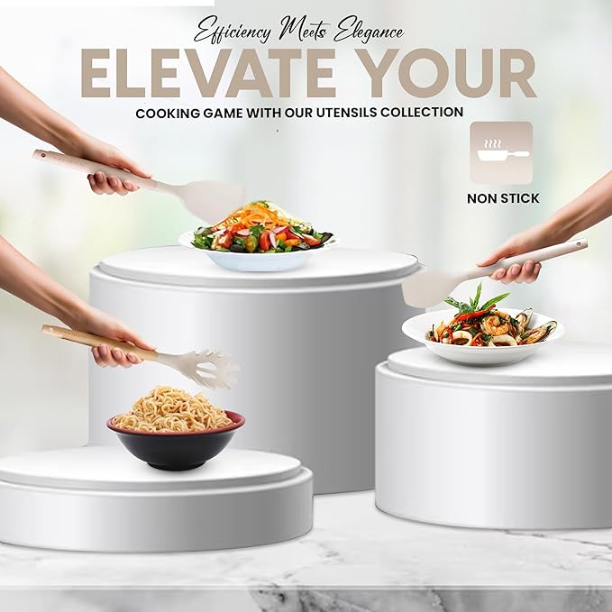 Silicone Utensil Set, 12 PCS Wooden Handle Nontoxic BPA Free 100% Food Grade Silicone Spoon Spatula Ladle Turner Tongs Kitchen Gadgets Utensil Set for Nonstick Cookware (Khaki)