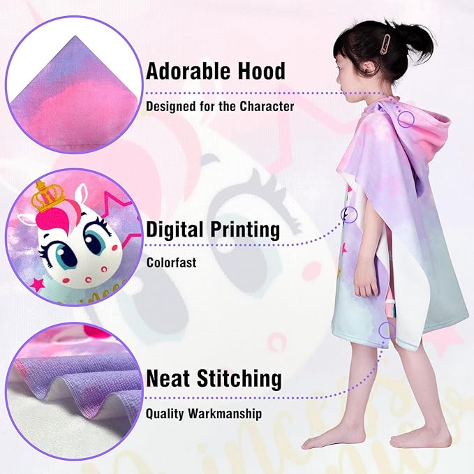 Hooded Kids Beach Towels - Toddler Bath Towel Girls Boys Swim Cover-ups for Ages 1 to 6 Kids Pool Towels Quick Dry Lightweight Soft Microfiber Poncho Towel 24x23(Baby Unicorn)