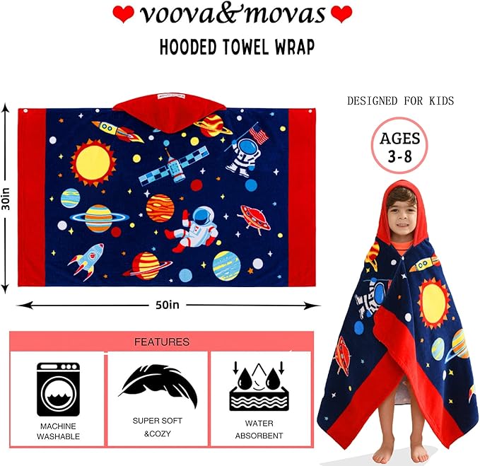 VOOVA & MOVAS Kids Hooded Towels Age 3-10, Soft | Thick | Absorbent Cotton Beach, Bath, Pool Towel | Wrap, Oversized for Boys Girls | Space Theme