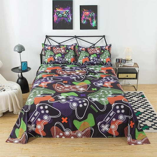 qjmiaofang Gamer Sheets Queen for Boys Gamer Sheet Set Video Game Bed Sheet Set 4Pieces Gaming Sheets Queen Gamer Fitted Sheet Gaming Bedding Set 1 Fitted Sheet 1 Flat Sheet 2 Pillowcase