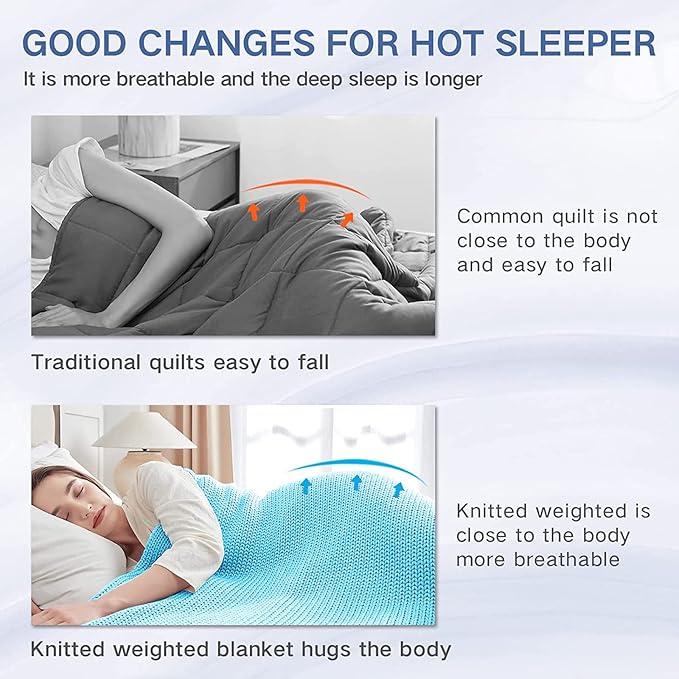 Knitted Weighted Blanket(Blue 60"x80" 15lbs),Home Décor Cooling Throw Blanket for Hot Sleepers,Hand Made Chunky Knit Heavy Blanket for Adults Use on Queen/King Size Bed