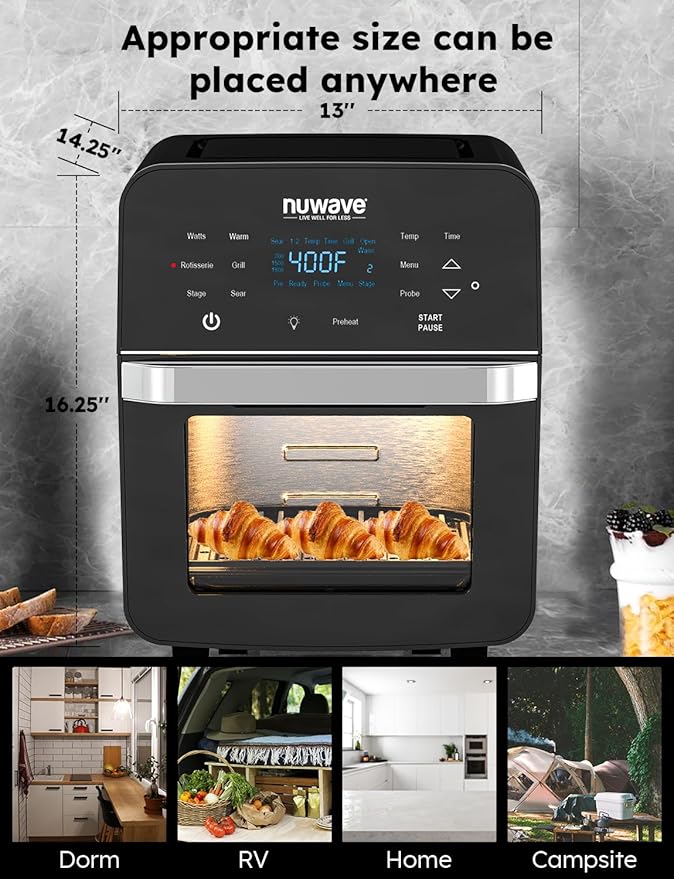 Nuwave Brio 15.5Qt Air Fryer Rotisserie Oven, X-Large Family Size, Powerful 1800W, 4 Rack Positions, 50°-425°F Temp Controls, 100 Presets & 50 Memory, Integrated Smart Thermometer, Linear T Technology
