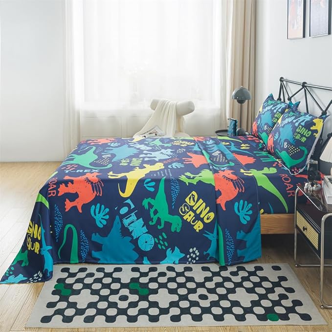 qjmiaofang Dinosaur Queen Sheets for Boys Dinosaur Bed Sheets 4Pieces Jungle Sheets with T-Rex Dinosaur Flat Sheet Set Wildlife Dinosaur Fitted Sheet 1 Fitted Sheet 1 Flat Sheet 2 Pillowcases