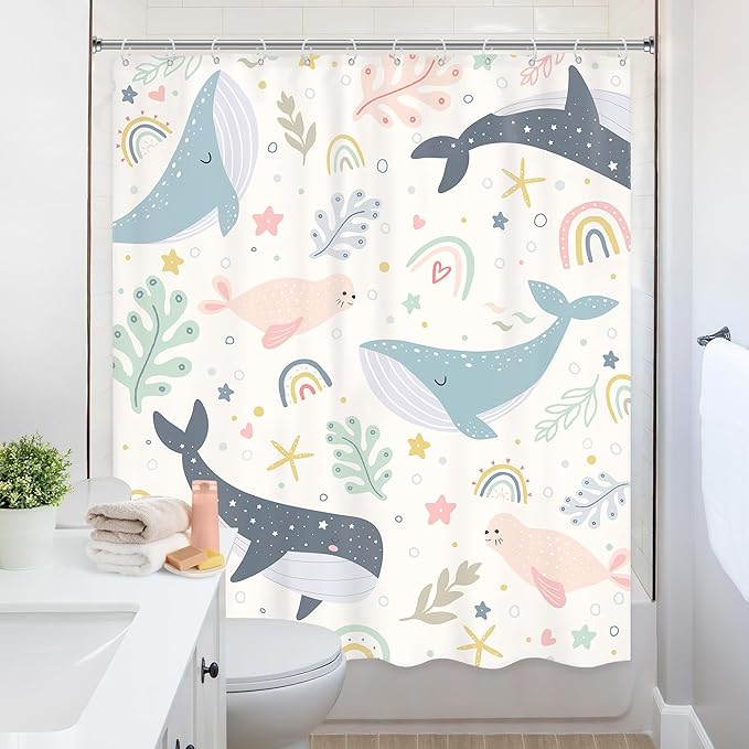 Kids Shower Curtain Ocean Cute Whale Rainbow Girls Cartoon Funny Sea Animal Underwater 60Wx72L Inch Shower Curtain Bathroom Set Colorful Lovely Bath Curtain Bathtub Accessories Home Decor