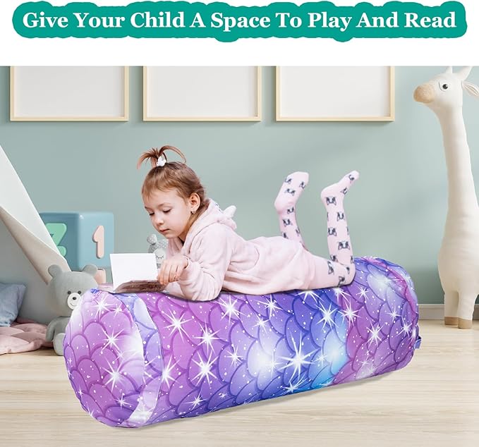 Stuffed Animal Bean Bag Storage Chair for Kids Cover Only (No Filler), Organize, Sit, Play & Boxing, 100% Cotton Canvas Washable, Ultra Soft Cylinder Long Vertical Zipper Best Gift for Child