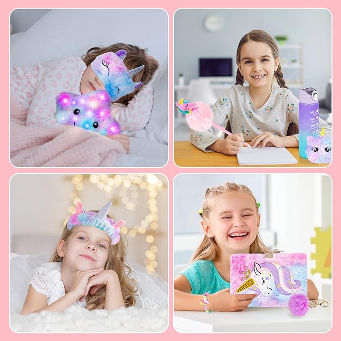 Unicorns Gifts for Girls 5 6 7 8 9 10+,Kids Unicorn Toys Set with Light Up Star Pillow/Headband/Eye Mask/Water Bottle/Pencil Case/Diary Birthday Gifts