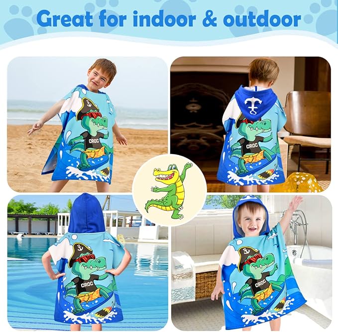 HUANLANG Kids Hooded Beach Towel for Boys Girls,Bath Pool Beach Poncho Towels Super Soft & Absorbent Cotton Towel Childrens Crocodile Beach Towels for Toddler 0-7 Years Old