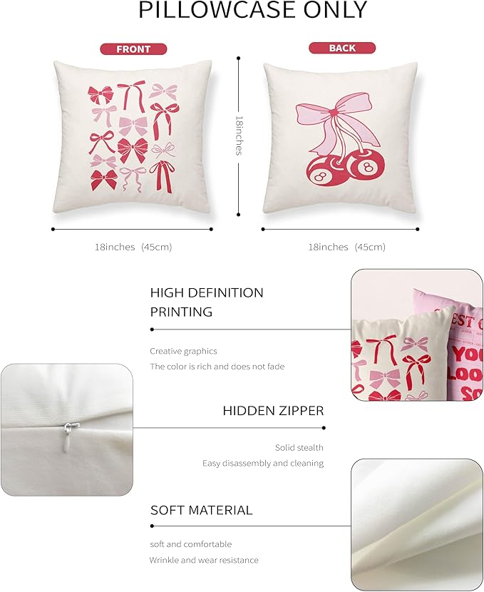 Pink Coquette Preppy Bedding Throw Pillow Covers, Preppy Trendy Aesthetic Cute Room Decor Pillows Cases, Pink Bow Cherry Disco Ball Pillowcases for Teen Sofa Dorm Girls Bedroom, 18x18 Set of 2