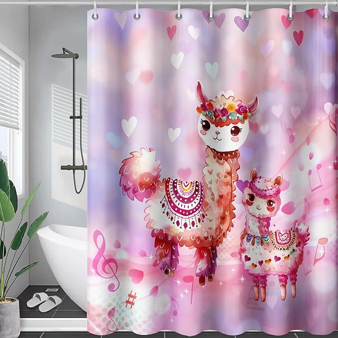 AILONEN Kawaii Llama Shower Curtain for Kids Girls,Watercolor Llama Alpaca Theme Bath Curtain,Boho Llama Hearts Print Pink Shower Curtain Waterproof for Bathroom with 12 Plastic Hooks, 72" W*78" H