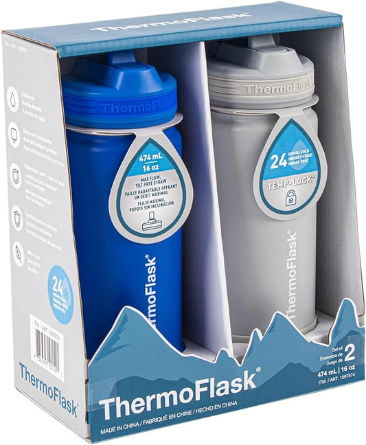 ThermoFlask 16 oz Double Wall Vacuum Insulated Stainless Steel 2-Pack of Water Bottles, Blueberry/Wolf Grey