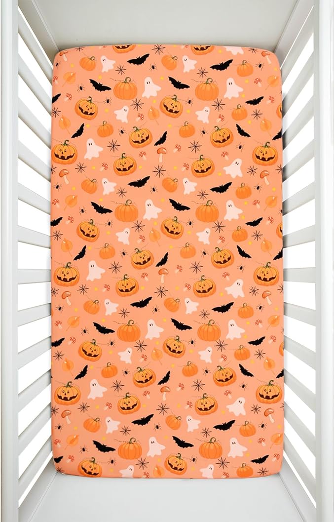 Halloween Crib Sheets, Fitted Crib Sheet with Bats, Ghosts, Pumpkin, Spider, and Mushrooms, Measuring 52'' x 28'' to fit Standard Crib & Toddler Mattresses, Orange