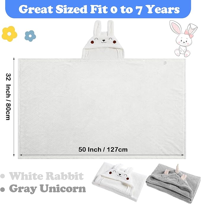 2 Pcs Toddler Hooded Bath Towel 50" x 32'' Thick Animal Hooded Towel for Kid Absorbent Baby Bath Towel Bathrobe Blanket for Boy Girls 0-5 Years(Light Grey, White, Unicorn, Rabbit)