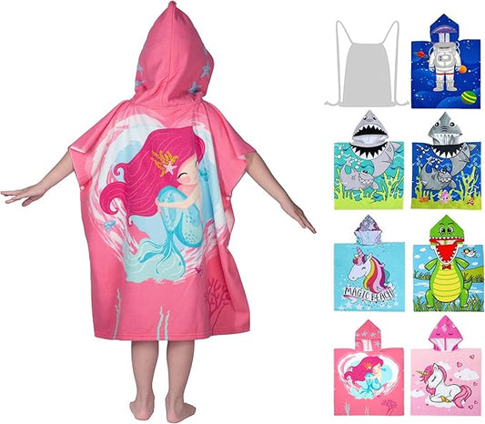 Hooded Kids Beach Towels - Toddler Bath Towel Girls Boys Swim Cover-ups for Ages 4 to 10 Kids Pool Towels Quick Dry Lightweight Soft Microfiber Poncho 30x30 with Bag (Mermaid Smile)