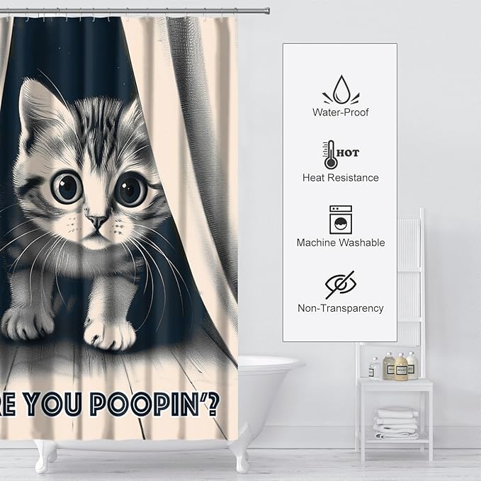 Funny Cat Shower Curtain Cute Animal Shower Curtains for Bathroom Decor are You Poopin' Humorous Joke Waterproof Polyester Fabric Bathroom Curtain with Hooks 66x72 Inch