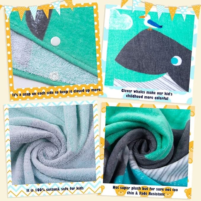 Toddler Hooded Beach Towel Coverup Cape Kids 100% Cotton Soft Quick Dry Absorbent Use for Swim Pool Bath Poncho Towels for 3 to 8 Years Old Children Size 24"x 55" in Full-Length (Whale Pattern)