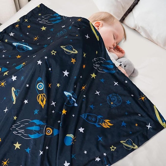 Minky Baby Blanket for Boys, 40x50 Inches Soft Lightweight Micro Fleece Baby Blanket with Double Layer, Dotted Backing, Breathable Receiving Blanket for Newborns, Space