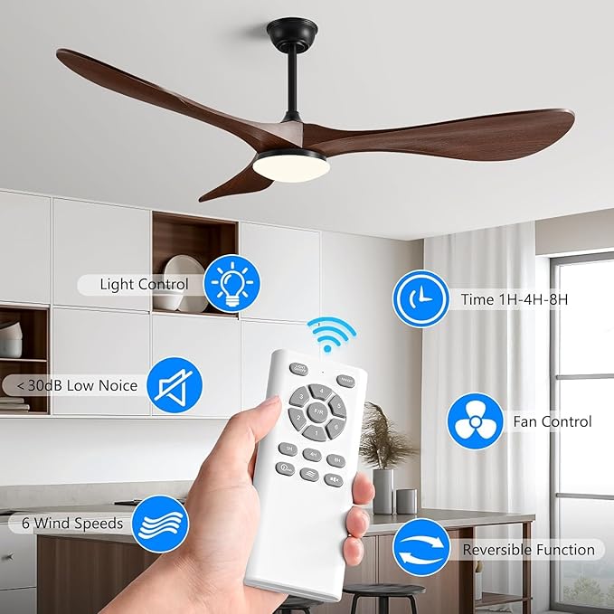 60 Inch Super Wide Blade Ceiling Fan with Light and Remote,Outdoor/Indoor Ceiling Fan with 3 Blades Noiseless Reversible DC Motor 6 Speeds with 3 Color Temperature and Timer for living room Patios