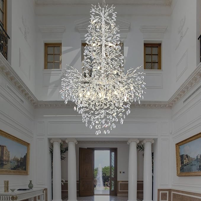 H61'' Silver Crystal High Ceilings Chandelier Staircase Chandeliers Modern Crystal Tree Branch Chandelier, D40'' Foyer Chandelier for High Ceiling Luxury Large Living Room Chandelier, 23-Lights