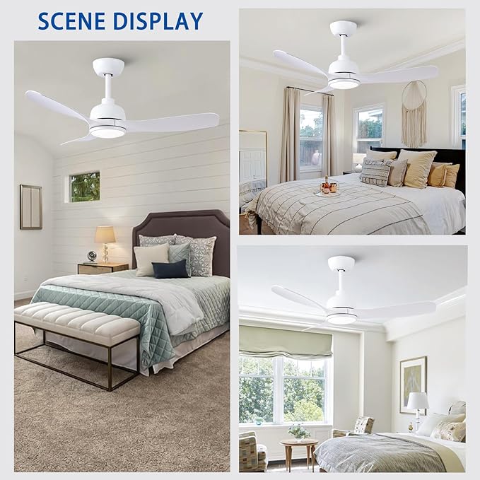 42-Inch White Ceiling Fan with Light - Remote Control, 3 Color Changing, Dimmable, Reverse Rotation - Quiet, 6 Speeds - Ideal for Living Room, Bedroom, Balcony