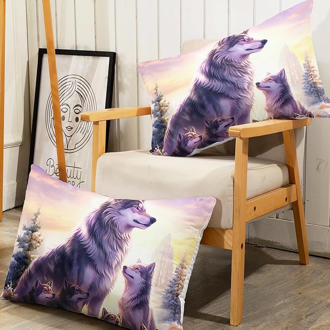 AILONEN Wolf Fitted Sheet Set Queen Snow Wolf Bed Sheet Set, Wolfmother and Wolf Pups Theme Bedding Set 3 Pieces Wildlife Wolf Sheet Set for Boys Girls,1 Fitted Sheet with 2 Pillowcases